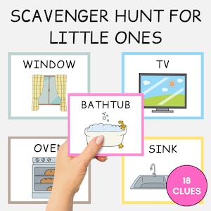 May include: A scavenger hunt game for kids with 18 clues. The game includes cards with pictures of a window, TV, bathtub, oven, and sink.