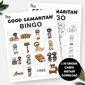 Gleichnis vom barmherzigen Samariter, 30 Bingokarten für Bibelgeschichten, druckbare Sonntagsschulaktivität für Kinder, christliches VBS-Spiel, religiöses Spiel