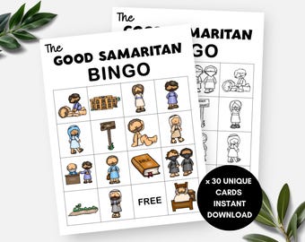 Gleichnis vom barmherzigen Samariter, 30 Bingokarten für Bibelgeschichten, druckbare Sonntagsschulaktivität für Kinder, christliches VBS-Spiel, religiöses Spiel