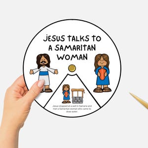 Jesus Talks to a Samaritan Woman, Printable Bible Coloring Wheel, Woman at the Well Sunday School Craft, Kids Bible Lesson Spinning Wheel
