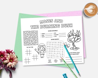 Puede incluir: Una hoja de trabajo imprimible en blanco y negro con actividades para niños sobre la historia de Moisés y la zarza ardiente. La hoja de trabajo incluye una búsqueda de palabras, una palabra revuelta, un juego de tres en raya y un laberinto. El texto en la hoja de trabajo dice "Moisés y la zarza ardiente".