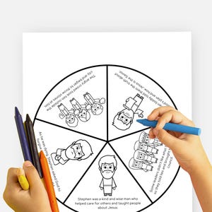 May include: A black and white coloring page with a circular design, featuring biblical scenes and text. A hand is coloring with a blue marker. Crayons in yellow, orange, blue, and black are held in another hand. The theme is religious education.