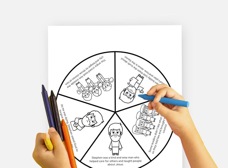 May include: A black and white coloring page with a circular design, featuring biblical scenes and text. A hand is coloring with a blue marker. Crayons in yellow, orange, blue, and black are held in another hand. The theme is religious education.