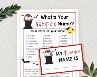 Whats Your Vampire Name, Vampire Theme Party, Spooky Halloween Name Game for Kids, Vampire Birthday Icebreaker, Classroom Activity