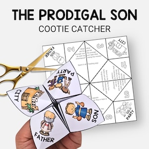 May include: A folded paper cootie catcher with illustrations and text related to "The Prodigal Son" story. Gold scissors are next to the cootie catcher. The text on the cootie catcher includes "Father", "Party", and "Son".