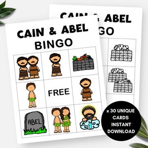 Kain und Abel, 30 Bingokarten mit Bibelgeschichte, druckbare Sonntagsschulaktivität für Kinder, christliches VBS-Spiel, religiöses Bibelstudiengruppenspiel