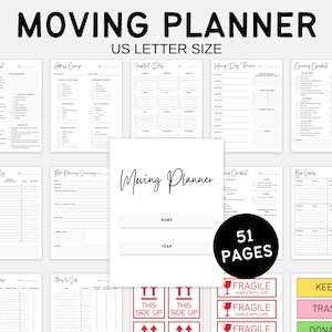 Moving Checklist, Moving Planner, Relocation Cleaning Checklist, Garage Sale Planner, Moving In/Out Binder Labels, Moving Day Organization