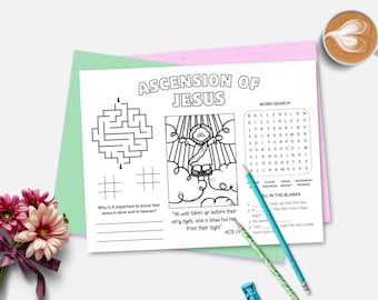 Puede incluir: Una página para colorear en blanco y negro titulada "Ascensión de Jesús" con un laberinto, una búsqueda de palabras y una actividad para completar. La página incluye un dibujo de Jesús ascendiendo al cielo, con texto de Hechos 1:9. Una taza de café y lápices también están en la imagen.