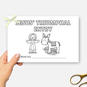 May include: Black and white coloring page featuring a simple illustration of Jesus riding a donkey with palm branches. The title of the page is "JESUS' TRIUMPHAL ENTRY".