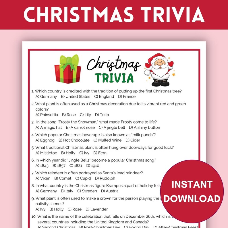 Christmas Trivia, Holiday Party Game, Christmas Party Game, Printable ...