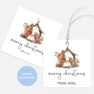 Merry Christmas Gift Tag, Printable Square Nativity Tag, Baby Jesus Tag, Hang Tag, Sunday School, Christian Christmas, Digital Download