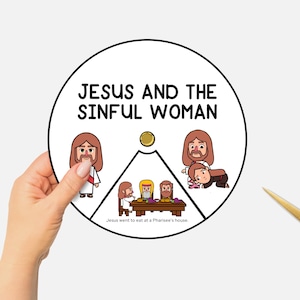 Jesus and the Sinful Woman, Printable Bible Coloring Wheel, Sunday School Craft, Kids Bible Study, Christian Bible Story Spinning Wheel