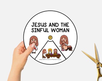 Jesus und die sündige Frau, Ausmalbild zur Bibel, Bastelidee für den Sonntagsschulunterricht, Kinderbibelstunde, Drehscheibe für christliche Bibelgeschichten