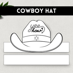 Puede incluir: Una plantilla imprimible para un sombrero de vaquero. El sombrero es blanco y negro y tiene las palabras "yee haw" escritas en él. El sombrero está diseñado para ser recortado y usado como un favor de fiesta.