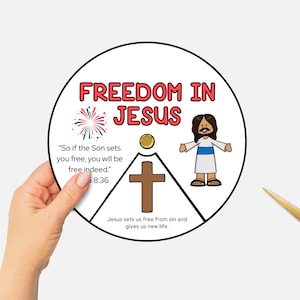 Freedom in Jesus, Printable 4th of July Bible Coloring Wheel, Sunday School Craft, Kids Bible Study, Patriotic Christian Spinning Wheel