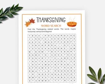 Thanksgiving Word Search, Printable Word Game, Word Search Game for Kids and Adults, Turkey Day Group Activity, Classroom Game, Office Game