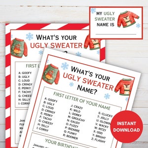 What&#39;s Your Ugly Sweater Name, Printable Christmas Party Game for Kids and Adults, Holiday Game, Xmas Game, Digital Download