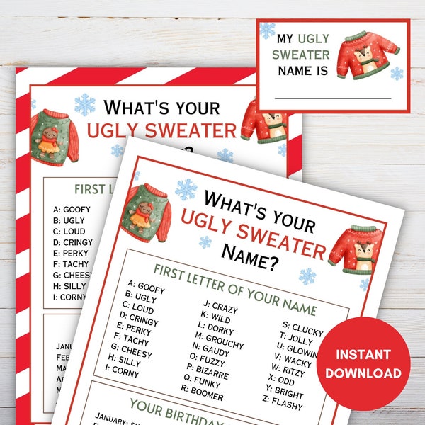 What's Your Ugly Sweater Name, Printable Christmas Party Game for Kids and Adults, Holiday Game, Xmas Game, Digital Download