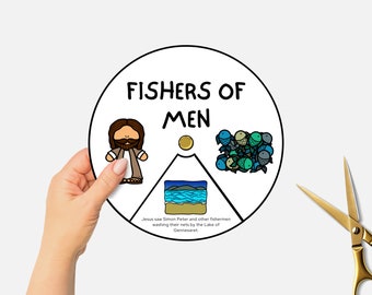 Fishers of Men, Printable Bible Coloring Wheel, Jesus Disciples, Sunday School Craft, Kids Bible Story Spinning Wheel, Christian Homeschool
