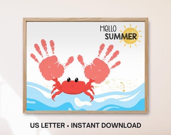 Summer Handprint Art, Easy Crab Handprint Craft, Toddler Baby Keepsake, June July Kindergarten Daycare Printable Activity, Ocean Beach Theme