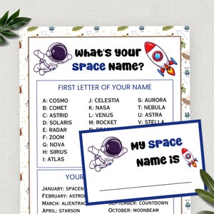 What&#39;s Your Space Name, Space Theme Birthday Party Game for Kids and Adults, Astronaut Party, Printable Name Generator Activity