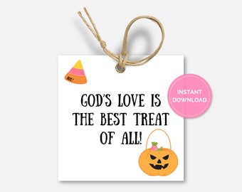 Christliche Halloween druckbare Tags, quadratische religiöse Bibel Leckerli Tags, Kirche Ernte Karneval, Gottes Liebe, Stamm oder Leckerei, Süßigkeit Favor Tag