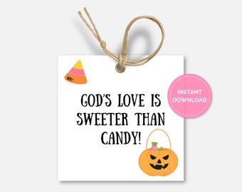 Christliche Halloween druckbare Tags, quadratische religiöse Bibel Leckerli Tags, Kirche Ernte Karneval, Gottes Liebe, Stamm oder Leckerei, Süßigkeit Favor Tag