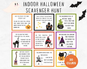 Halloweenskattjakt, ledtrådar till skattjakt inomhus, utskrivbart Halloweenfestspel för barn, rolig läskig jakt hemma, Halloweenspel