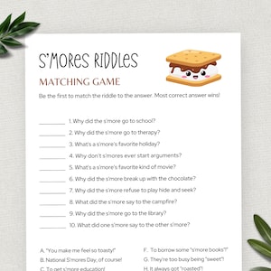S&#39;mores Riddles Game, S&#39;more Dad Jokes, Camping Birthday, Icebreaker Game, Summer Camp, Smores Party, National S&#39;mores Day, Digital Download