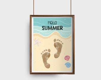 Beach Footprint Art, Easy Summer Handprint Craft, Toddler Baby Keepsake, June July August Kindergarten Daycare Printable Activity