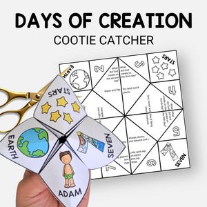 7 dagar av skapelsen Bibelberättelsepyssel, Cootie Catcher, Enkelt söndagsskolepyssel för barn med målarbilder, spåman, kristen hemskola, VBS