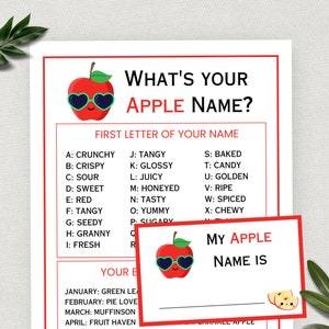 Op de afbeelding: Een printbaar spel voor een feestje of een activiteit in de klas. Het spel vraagt "Wat is je appelnaam?" en somt appelnamen op die gebaseerd zijn op de eerste letter van de naam van een persoon. Bijvoorbeeld "A: Knapperig" en "B: Knapperig". Het spel bevat ook een lege ruimte om de appelnaam van de speler in te vullen.