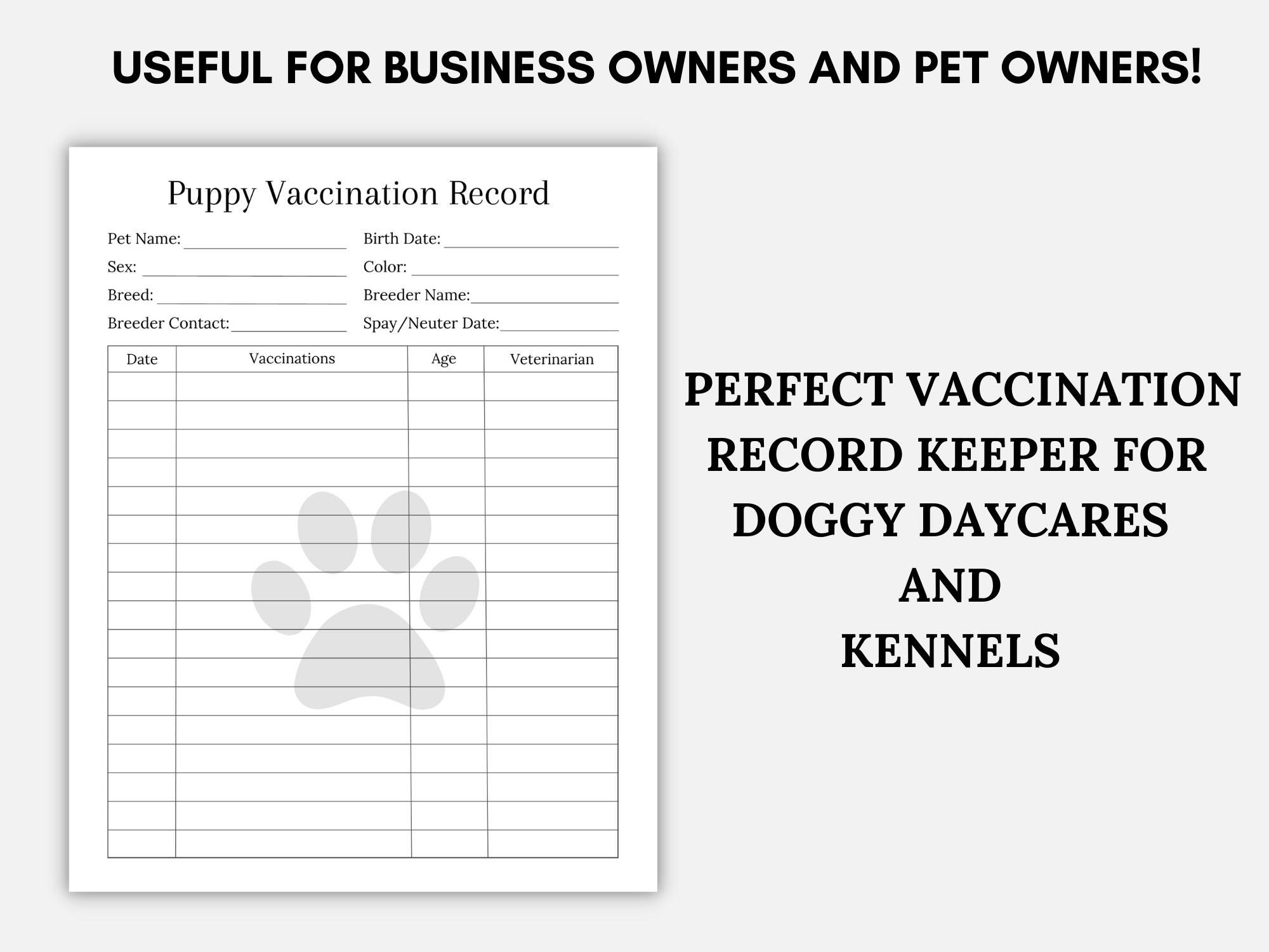 Puppy Vaccination Record, Puppy Shot Record, Pet Vaccination Form, Dog