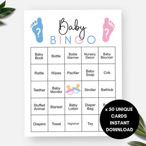 Bingo avec révélation du sexe, 50 cartes de bingo pour bébé uniques, bingo prérempli pour baby shower pour garçon ou fille, jeux amusants de révélation du sexe
