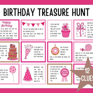 Chasse au trésor d'anniversaire rose pour les enfants, chasse au trésor d'anniversaire, indices de chasse au trésor d'anniversaire en intérieur, jeux d'anniversaire pour les enfants, thème rose