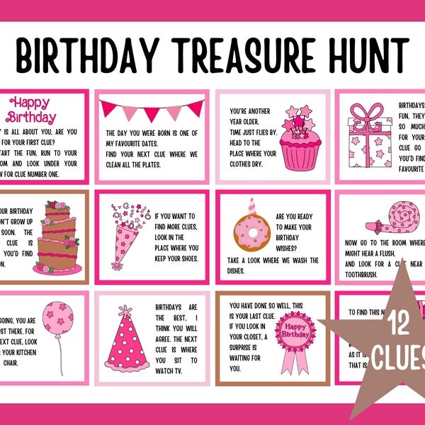 Pink Birthday Scavenger Hunt for Kids, Birthday Treasure Hunt, Indoor Birthday Treasure Hunt Clues, Birthday Games for Kids, Pink Theme