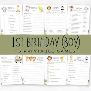 Jeux pour premier anniversaire de garçon, activité 1er anniversaire à imprimer, bébé de 1 an, fête à thème safari/animaux, sauvage, jeux de fête d'un an