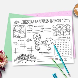 May include: A black and white printable worksheet with activities for kids about the biblical story of Jesus feeding 5,000 people. The worksheet includes a word search, word scramble, tic-tac-toe game, and a maze. The worksheet features illustrations of Jesus, disciples, and loaves of bread.