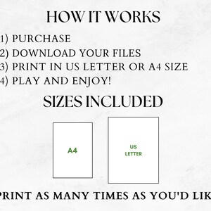May include: Printable instructions on how to purchase, download, print, and play a game. The image shows two sizes included: US Letter and A4.