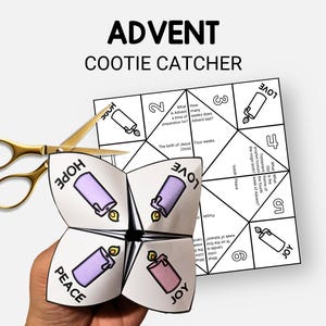 May include: An Advent-themed cootie catcher with the words "Hope", "Love", "Peace", and "Joy" printed on the flaps. A pair of gold scissors and a game sheet with candle illustrations and questions are also visible.