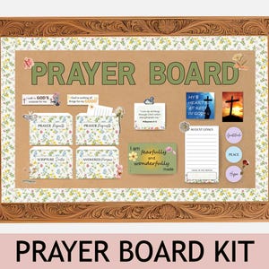 May include: A rectangular prayer board kit featuring a brown cork center with a floral border and a carved wood-style frame. The board displays the text PRAYER BOARD, four floral file folders, various inspirational cards, and circular labels.