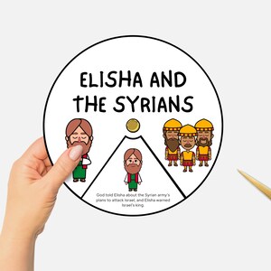 May include: A printable craft activity for kids featuring Elisha and the Syrians from the Bible. The craft includes a circle with Elisha and three Syrian soldiers, with the text "Elisha and the Syrians" at the top. The text at the bottom reads "God told Elisha about the Syrian army's plans to attack Israel, and Elisha warned Israel's king."