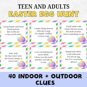 May include: A set of 40 Easter egg hunt clues for teenagers and adults. The clues are printed on colourful cards with a striped design and feature illustrations of Easter eggs. The cards are arranged in a grid with the text "40 INDOOR + OUTDOOR CLUES" at the bottom.