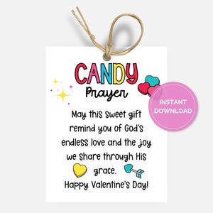 Candy Valentine Tag, Printable Christian Valentines Day Prayer Card, Religious Sunday School Valentine Exchange, Church Staff Gift
