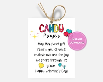 May include: A white tag with the words "CANDY Prayer" in colorful text, along with a message about love and joy. The tag includes a pink circle that says "INSTANT DOWNLOAD" and is tied with a natural twine.