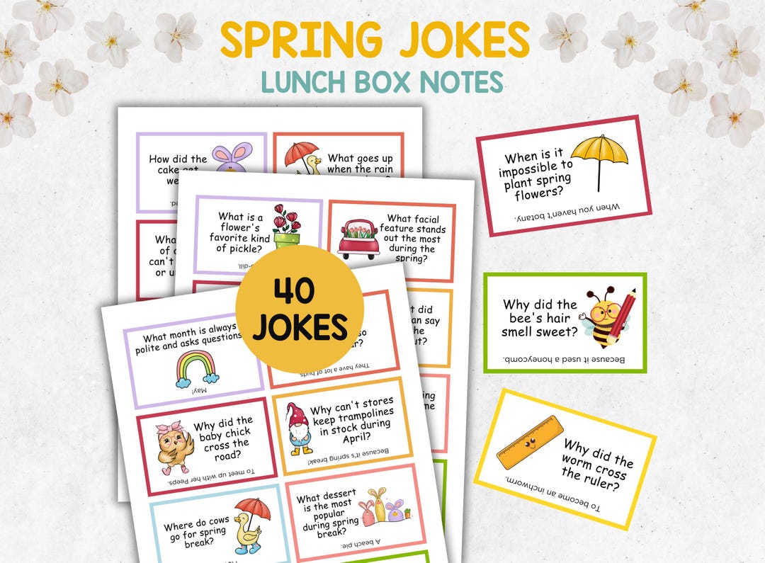 Funny Spring Lunchbox Jokes for Kids, 40 Lunchbox Notes, Printable