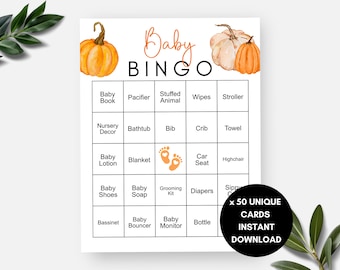 Little Pumpkin Baby Shower Bingo, 50 Watercolor Fall Bingo Cards, Gender Neutral Prefilled Baby Bingo, Autumn Baby Shower Party