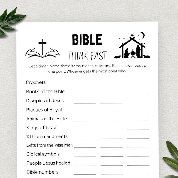 Printable Bible Think Fast, Bible Games, Fun Christian Youth Group Game, Think Fast Game, Sunday School, Church Study Activity