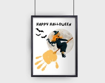 Witch Handprint, Halloween Handprint Art, Easy Halloween Craft, Toddler Baby Keepsake, October Daycare Printable, DIY Preschool Activity