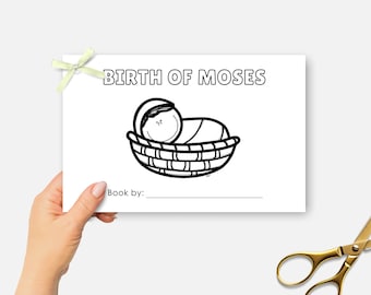 Birth of Moses, Printable Mini Bible Book, Moses Sunday School Craft, Kids Bible Lesson Coloring Activity, Half Page Bible Story Book